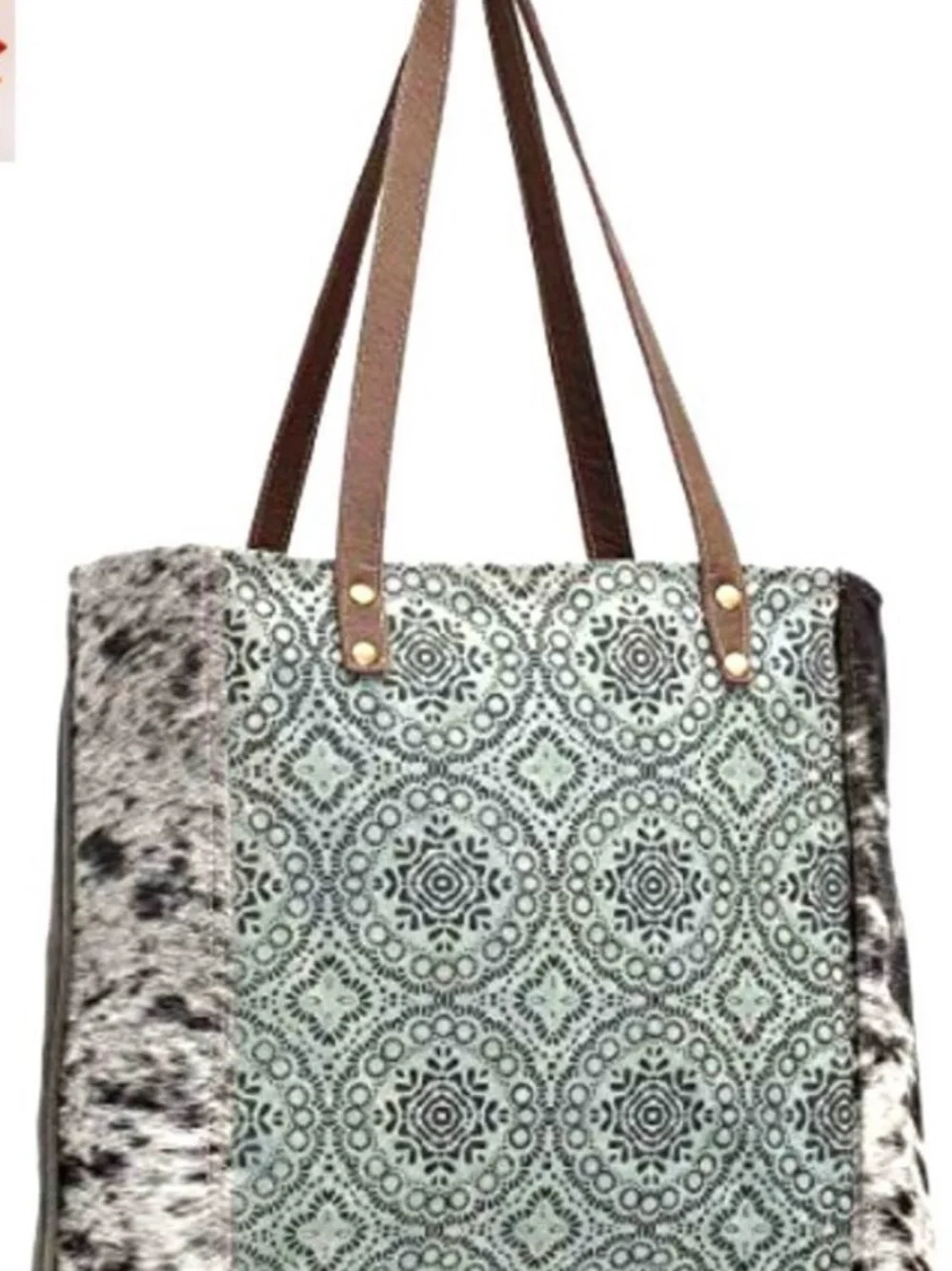 Myra Bag Mint Patterned Tote with Brown Straps and Cowhide Accents